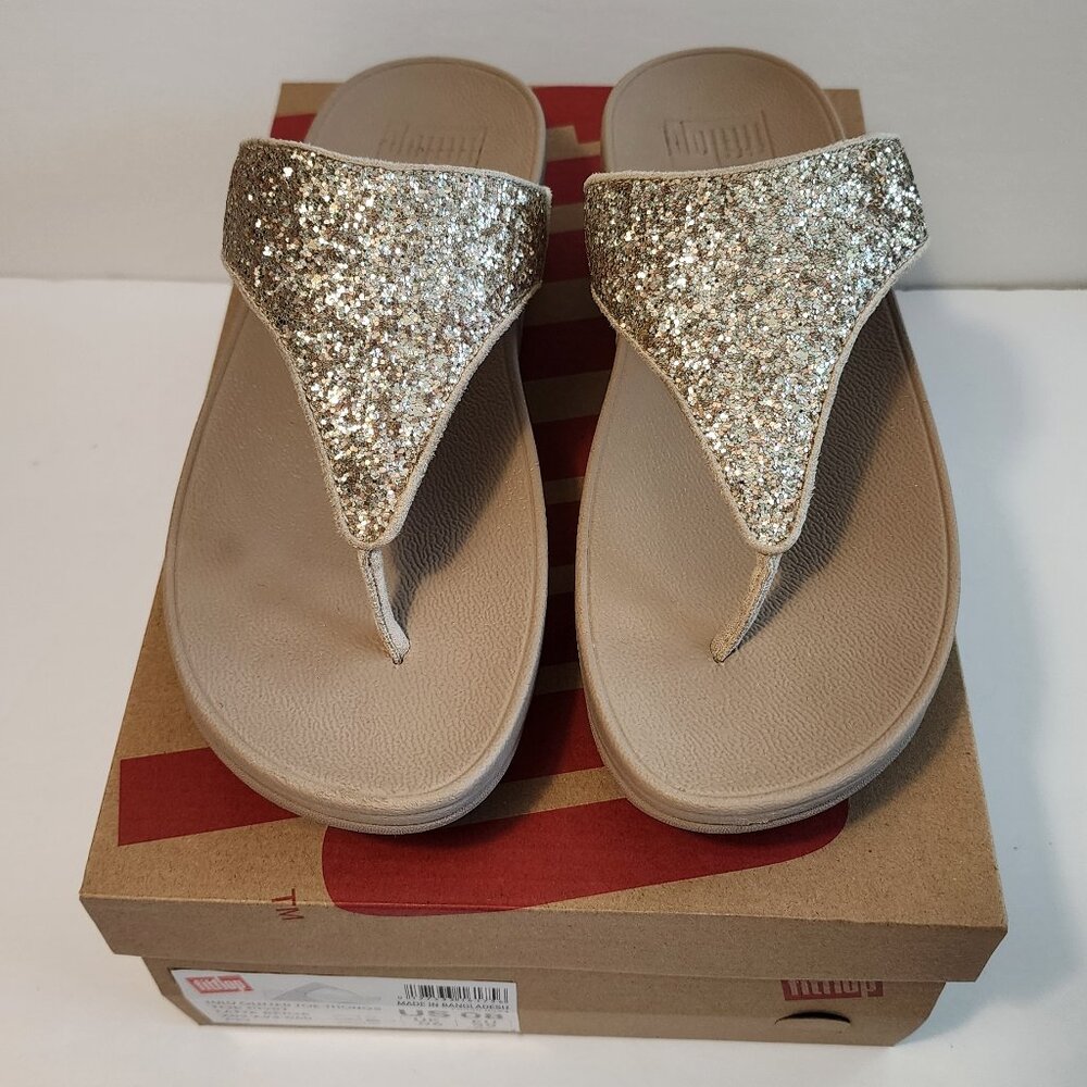 Fitflop Lulu Glitter Toe-Post Sandals Latte Beige Size 8M  Like New